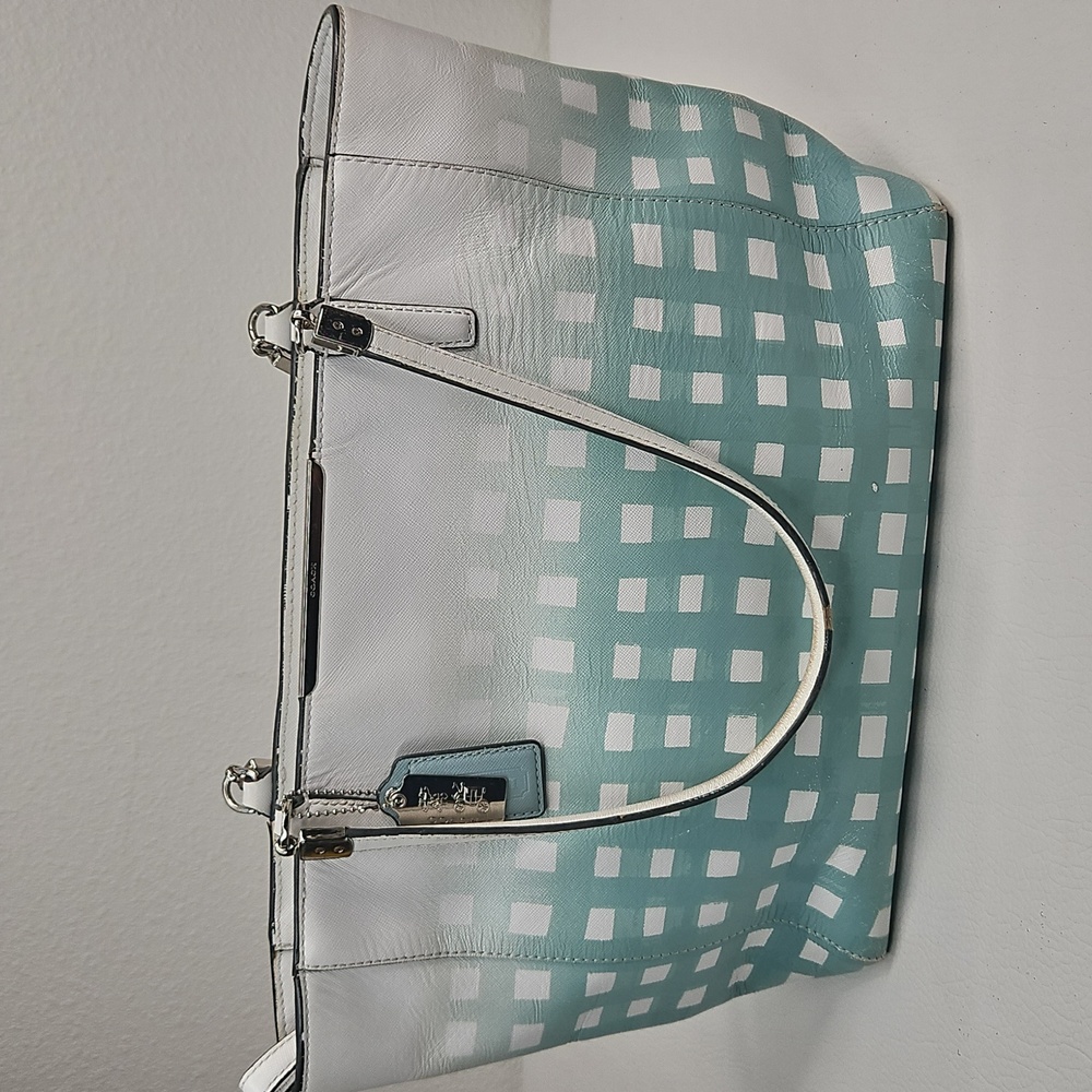 Authentic Madison Tote Bag  Teal Gradient Checkered Print Large Tote